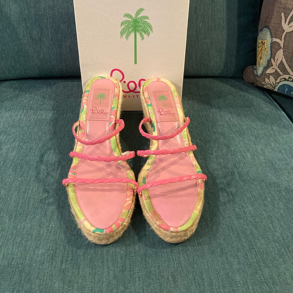 Lilly Pulitzer pink braided wedges.